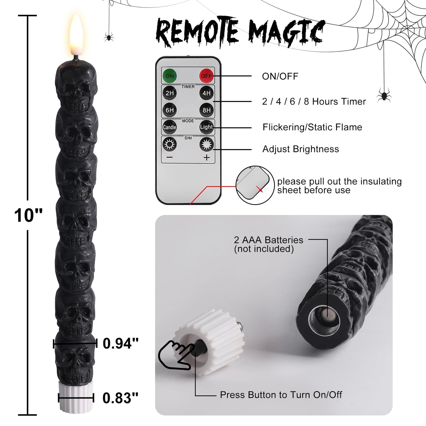 Eywamage Halloween Flameless Taper Candles with Remote, Spooky Black Skull LED Candlesticks Battery Operated Flickering Real Wax Set of 4