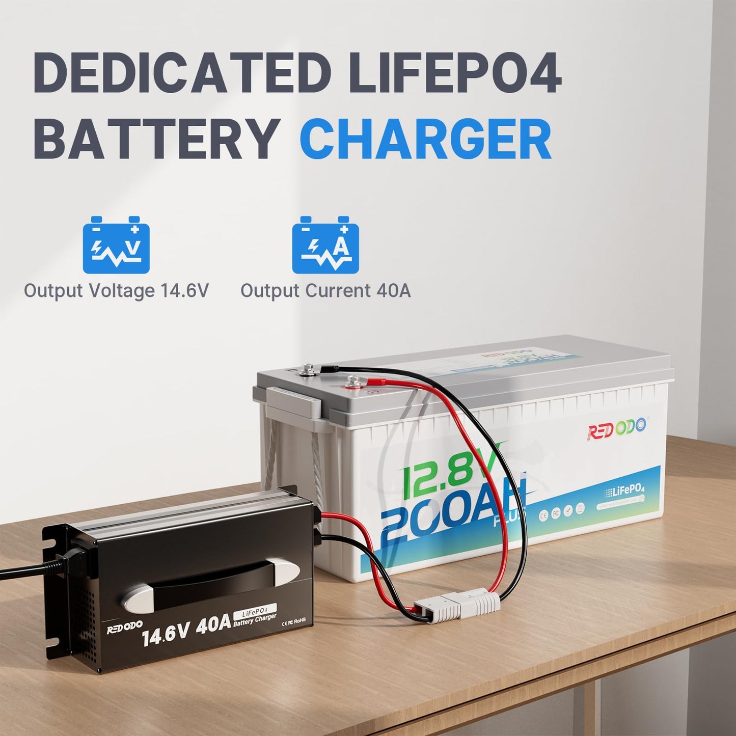 Redodo 14.6V 40A Lithium Battery Charger, Activate Battery, Fully Protected, Upgrade Handle, Intelligent LED Display,Sturdy Aluminum Casing, for 12V Lithium Batteries