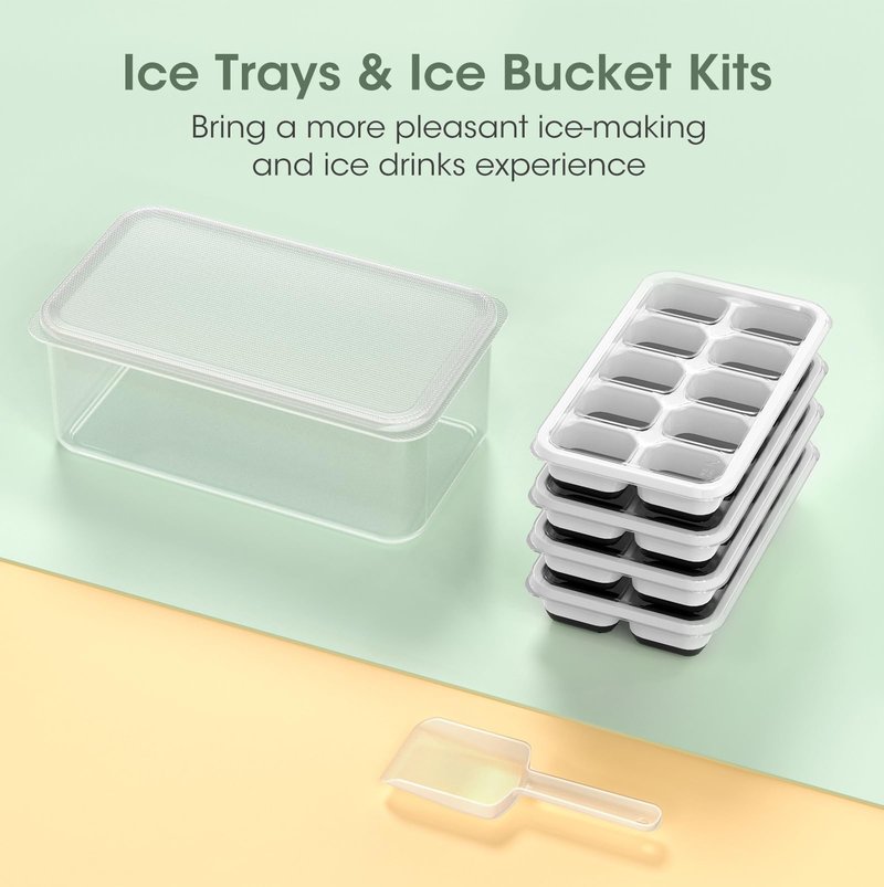 DOQAUS Ice Cube Tray with Lid and Bin - 4 Pack Silicone Ice Cube Trays for Freezer, Stackable Ice Bucket Kits with Storage Container & Scoop for Kitchen, RV, Cocktail, Coffee