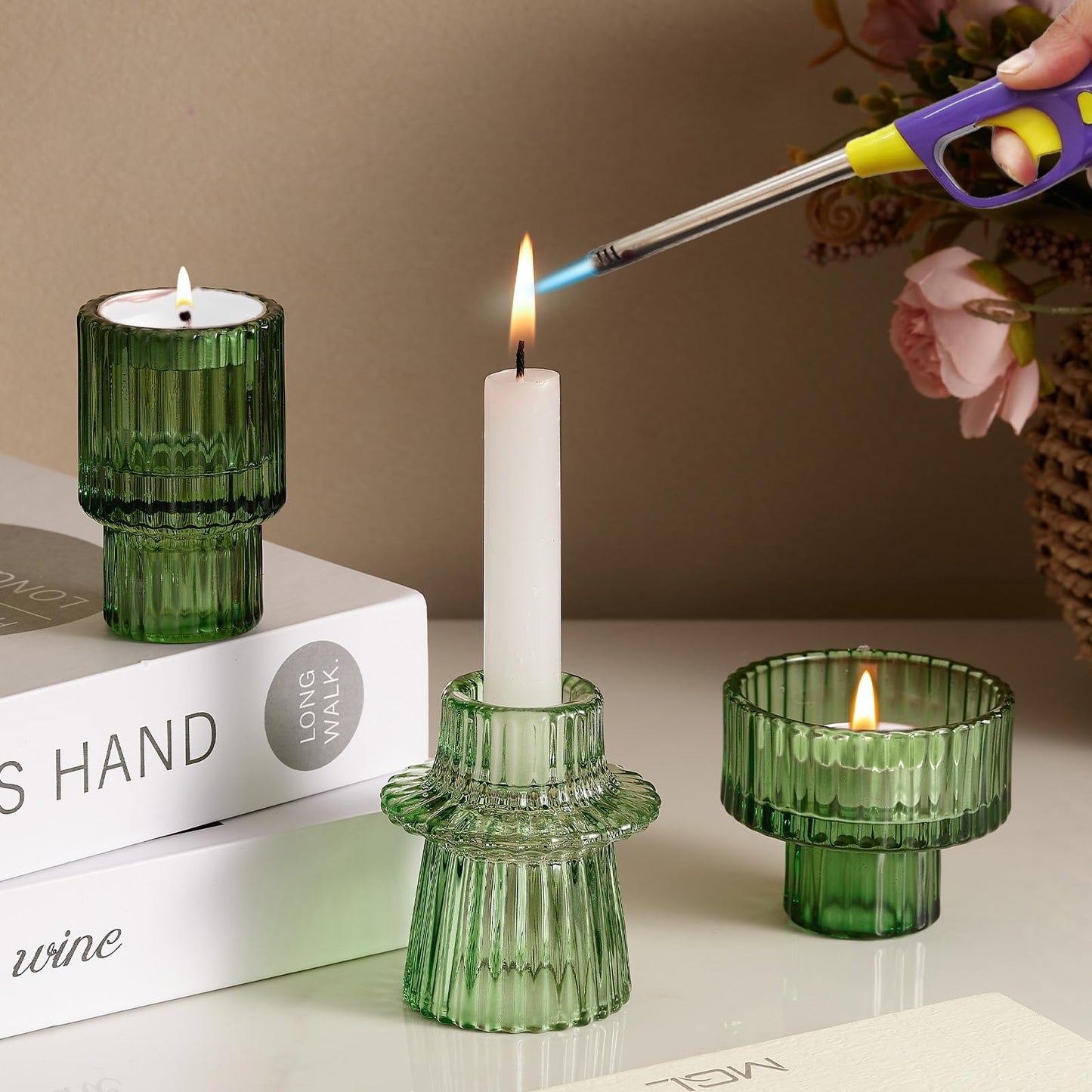 Green Taper Glass Candlestick Holders Set of 6, Tea Lights Candle Holder, Votive Candle Stick Holder for Party Wedding Dining