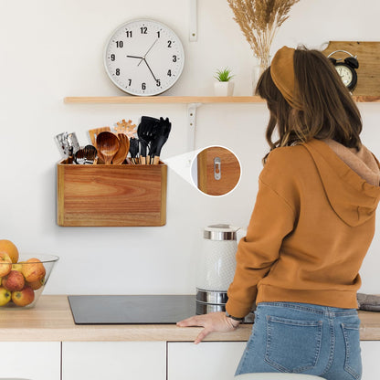 Wooden Kitchen Utensil Holder Organizer for Counter or Countertop, Large Wooden Utensil Holder for Storage Cooking and Silverware with 4 Compartment, Acacia Rustic Wood Container Extra Large