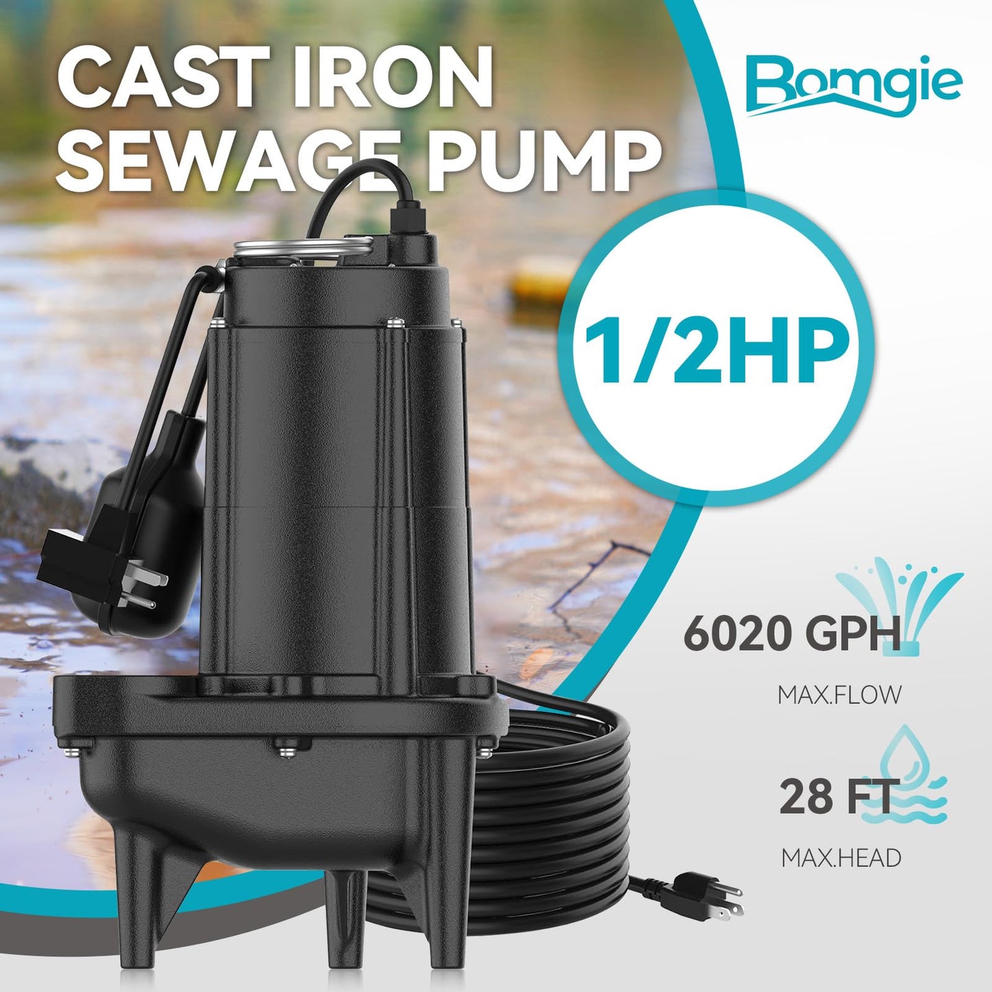 BOMGIE 1/2 HP Sewage Pump, Cast Iron Effluent Pump, Automatic Float Switch, Sewage Sump Pump for Sump Basin, Basement, Residential Sewage, 2'' NPT Discharge, Black