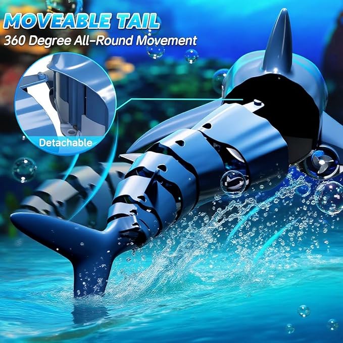 Remote Control Shark Pool Toy with 2.4GHz RC Submarine Boat Robo-Style Fish Tail Fish Pool Toy for Boys Girls Ages 6-12 Water Spray Function -Fun Robo Fish Toys for Kids Outdoor Water Play (Blue)