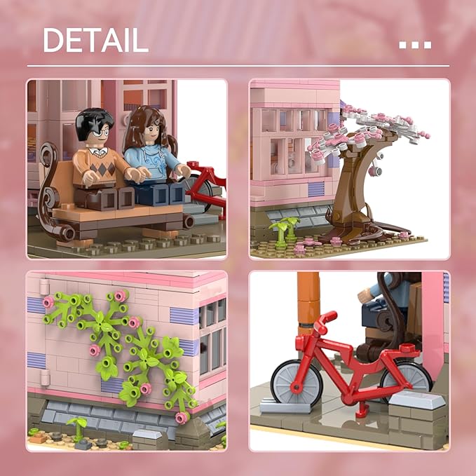 Cherry Blossom Pink House Building Set with LED Light Three Story Apartment with Study Greenhouse Cherry Blossom House Construction for Home Decor Birthday Gift for Adults Girls 12+ (1432 PCS