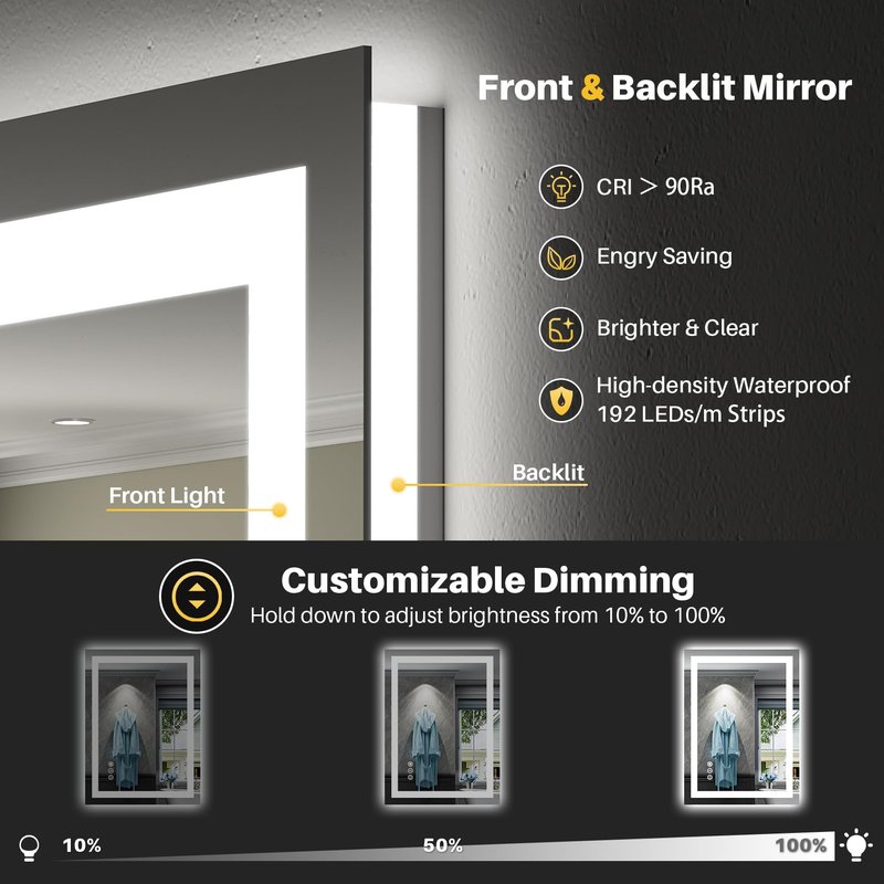 Briivue 20x28 Inch LED Bathroom Mirror with Lights, Backlit & Front Lit, Anti-Fog Lighted Bathroom Vanity Mirror for Wall, Memory Function, Dimmable, HD Tempered Glass, Shatter-Proof