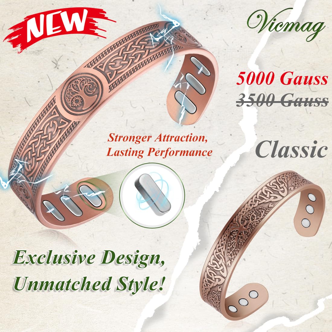 Vicmag Copper Bracelet for Men 9X Strength Magnetic 99% Pure Copper with 5000 Gauss Magnets, Tree of Life Present Box Adjustable(Viking & Sun Moon Tree)
