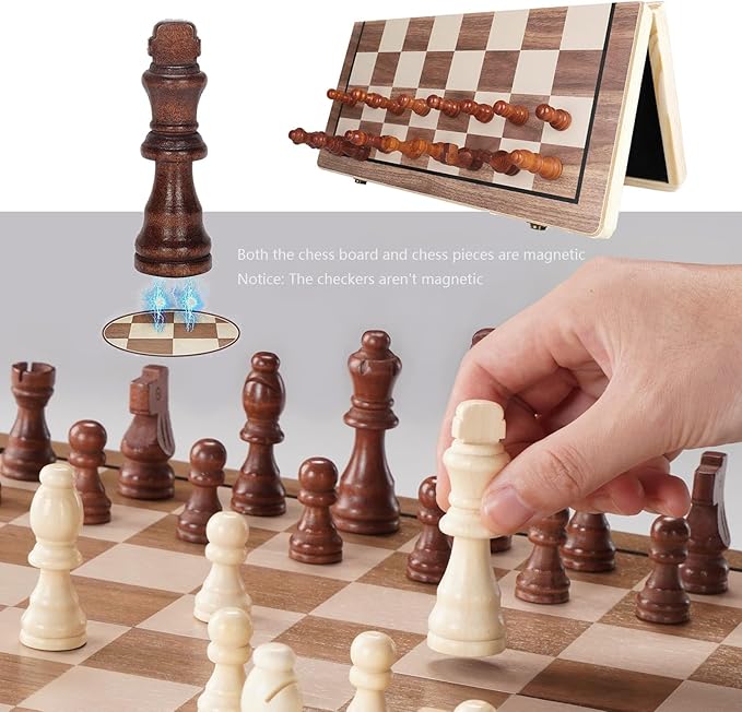 15 Wooden Chess Set | Folding Board 2 Extra Queens | Magnetic Chess Board Set for Adults &amp Kids Pieces Storage Slots Checkers Game for Kids Portable Travel Chess Game for Beginner