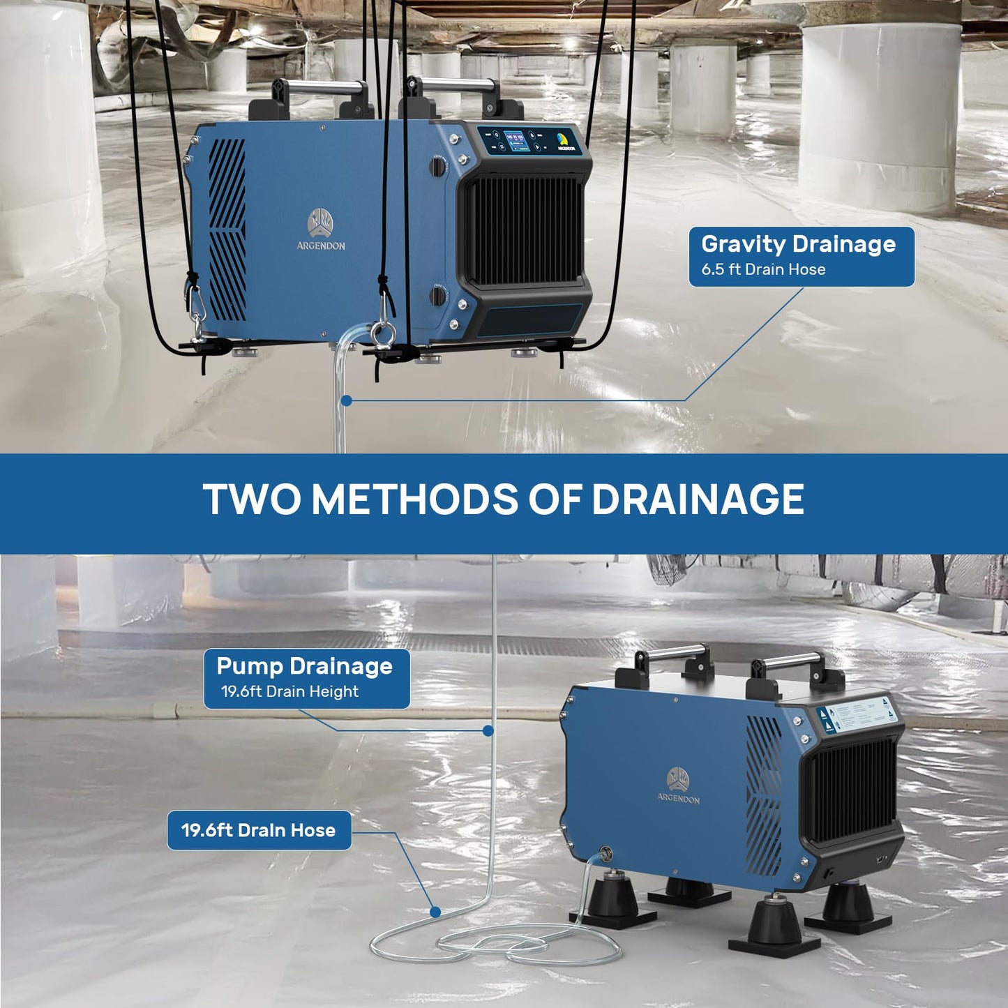 ARGENDON 145 Pint Crawl Spaces Dehumidifier with Pump, Commercial Dehumidifier with Drain Hose for Basement, Auto Defrost, Compact, Large Spaces up to 1800 Sq.Ft, 5 Years Limited Warranty