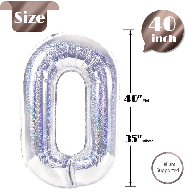 Laser Silver Number Balloon 40 Inch, 0 Number Balloons, 10 20 30 40 50 Numbers Balloon Birthday Decorations, Party Supplies for Women