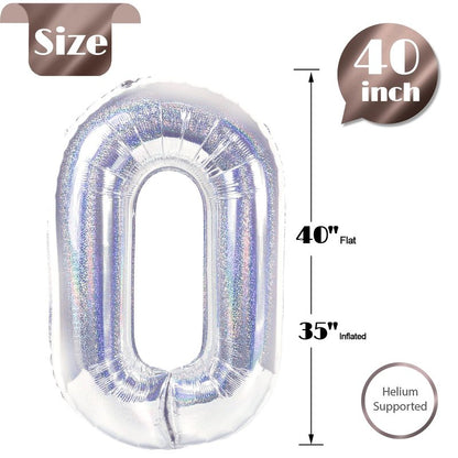 Laser Silver Number Balloon 40 Inch, 0 Number Balloons, 10 20 30 40 50 Numbers Balloon Birthday Decorations, Party Supplies for Women