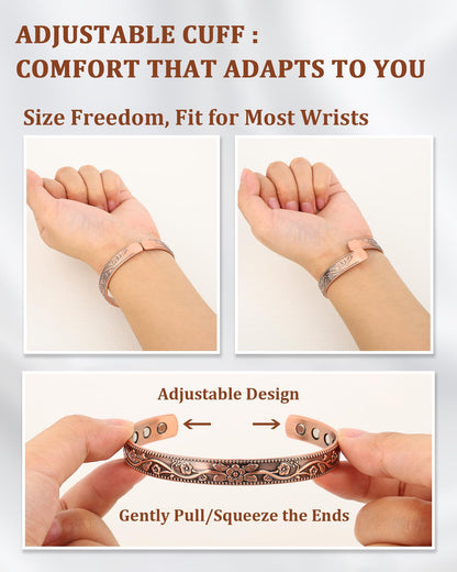 BioMag Magnetic Copper Bracelet & Lymphatic Drainage Ring for Women, 99.99% Pure Copper Magnetic Cuff Bangle with 11 Pcs 3500 Gauss Magnets, Adjustable Size, Floral Vine Pattern