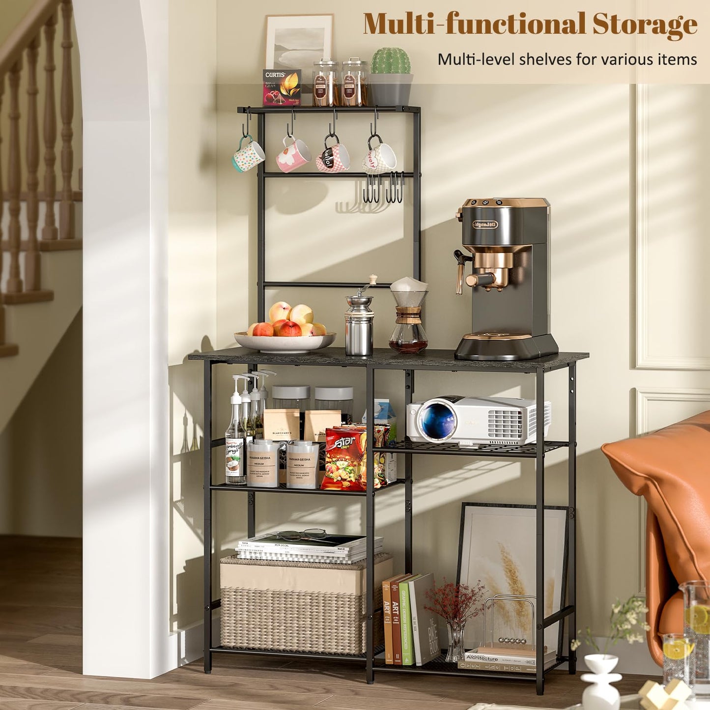 Baker's Rack for Kitchen with Storage, Microwave Stand with Adjustable Shelves and 10 S Hooks, 6-Tier Coffee Bar Station, Kitchen Shelves for Spices, Pots, Rustic Brown