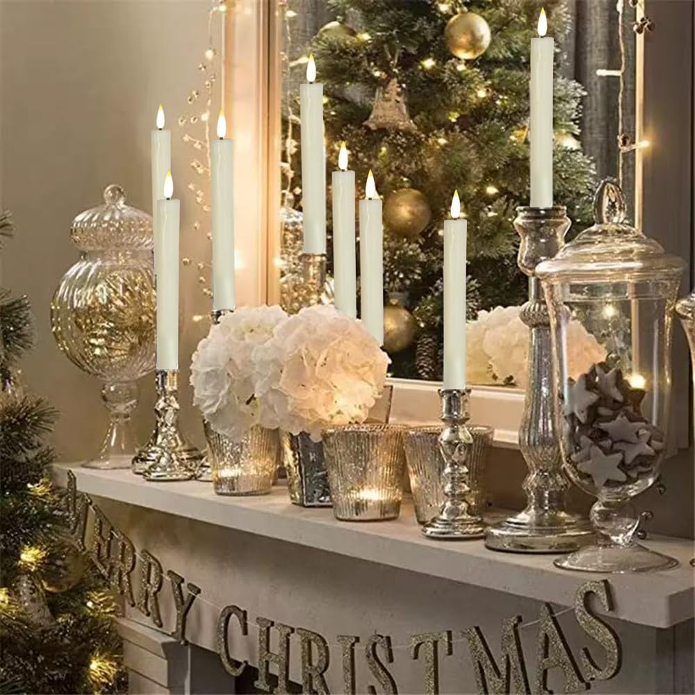 6Pcs Flameless Taper Candles with Remote Timer Dimmer, 8.9 inches Ivory Taper Candles Battery Operated, Plastic LED Candlesticks with Flickering Flame for Halloween Christmas Church Wedding
