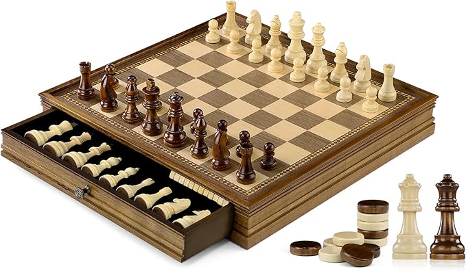 Peradix Magnetic Chess Checkers Board Sets with 2 Built-in Storage Drawers15 Classic 2 in 1 Wooden Games with 2 Extra Queens for Kids and AdultsTravel Portable Chess Game Set