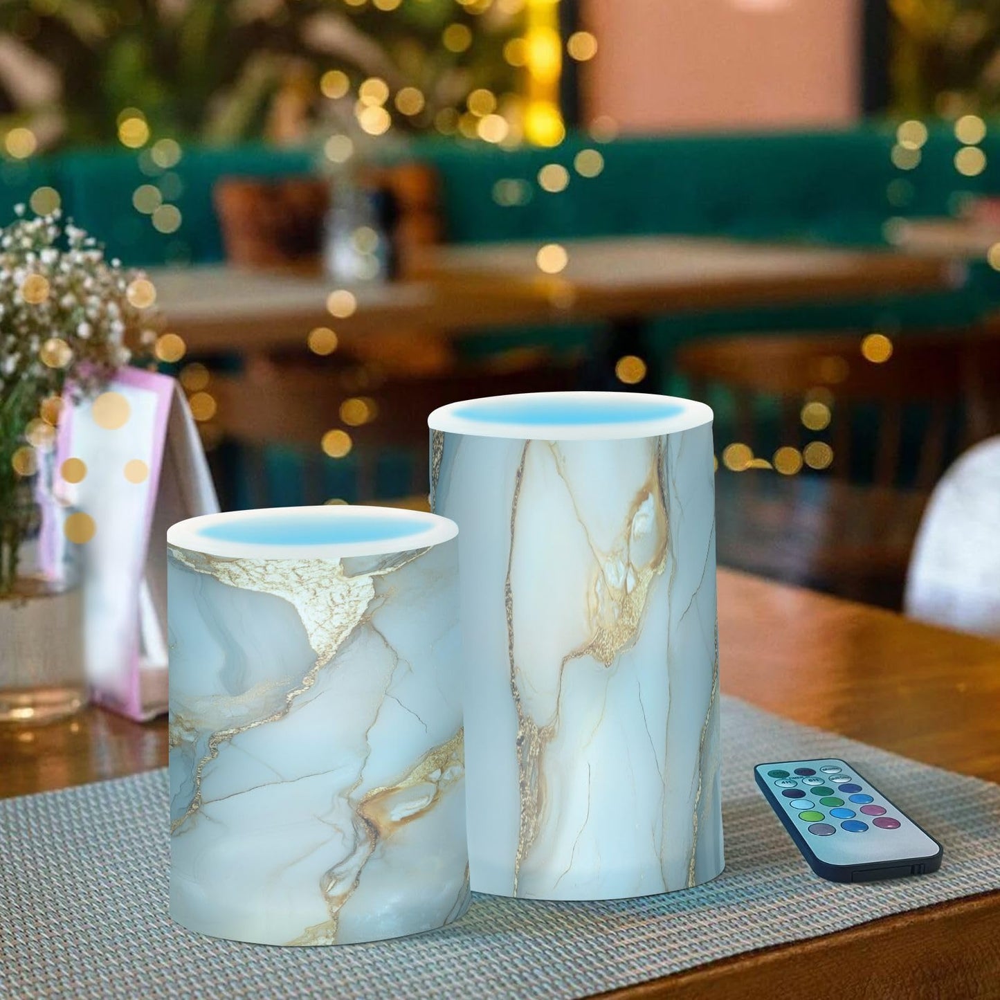 Flameless Pillar Candle Battery Powered Flameless Candles Set for Outdoor Marble White White