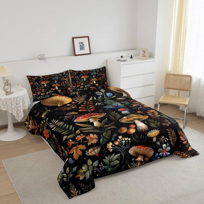 Feelyou Wild Mushroom Bed Comforters Set Twin Size,Burgundy Plant Fallen Leaves Super Soft Microfiber Bedding Set for Girls Boys,Botanical Plant Decorative Comforter Set,1 Pillowcase