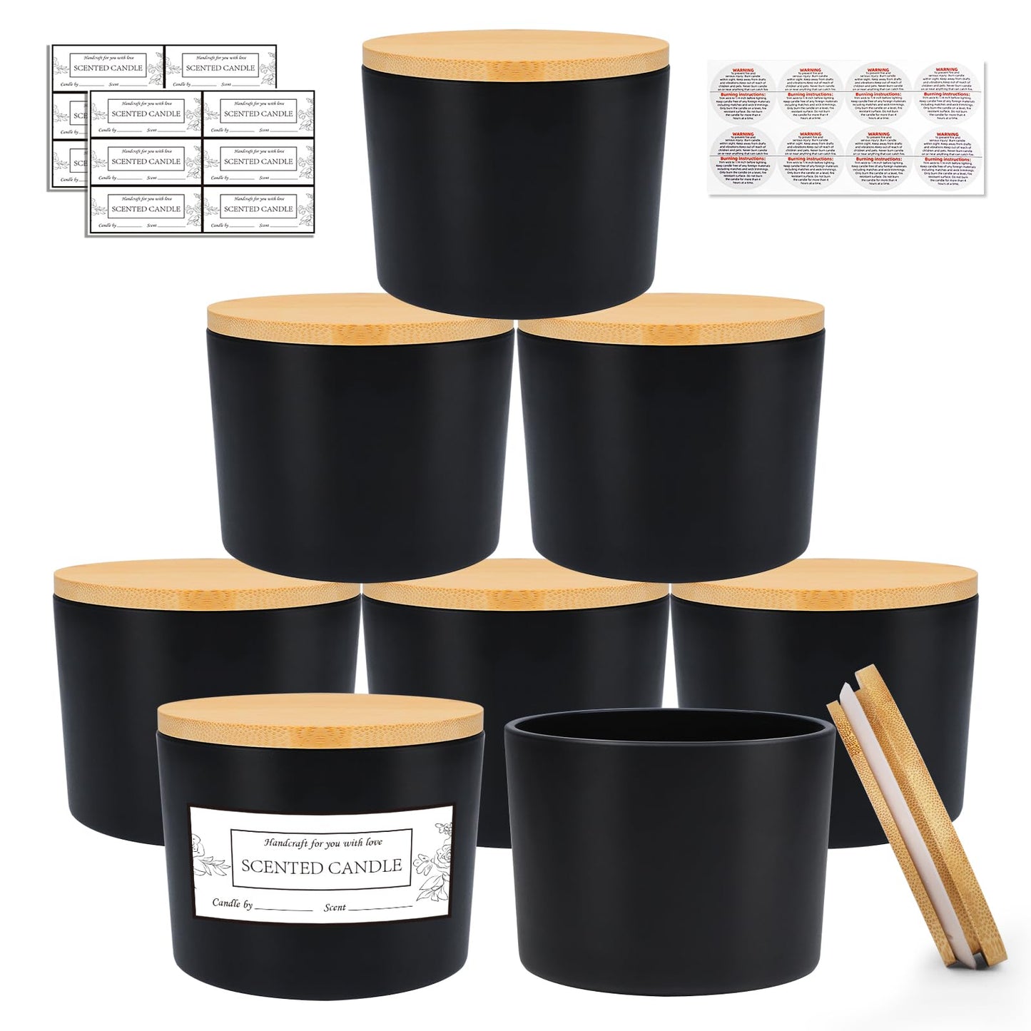 CONNOO 8 Pack 12 OZ Black Glass Wide Mouth Candle Jars for Making Candles with Airtight Bamboo Lids Nice Sticky Warning Labels for Candle Making Empty Container Bulk - Dishwasher Safe