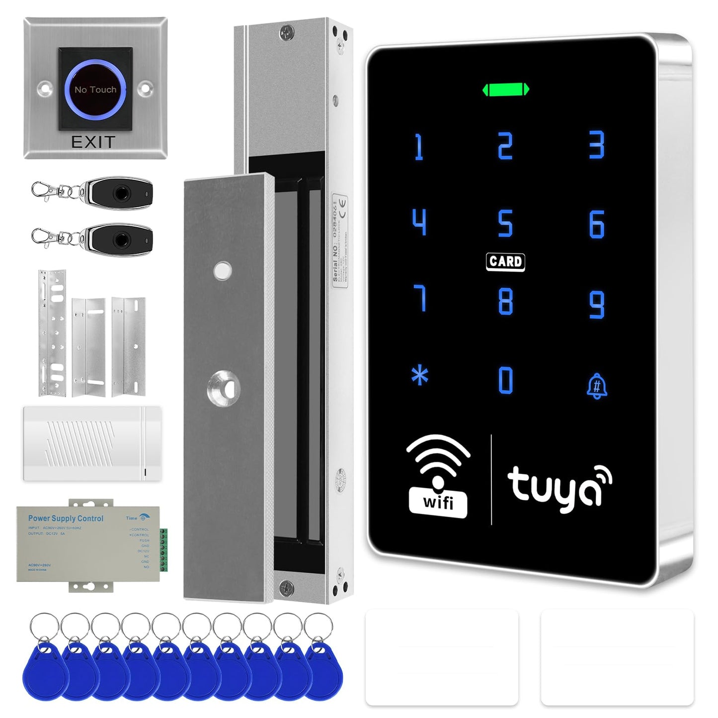 XYBkey WiFi TUYA Complete Security Access System Kit with Waterproof RFID Touch Keypad Door Lock, Smart Remote Door Opener, App，600-Pound Electric Magnetic Lock + ZL, Metal Sensor Switch, Doorbel