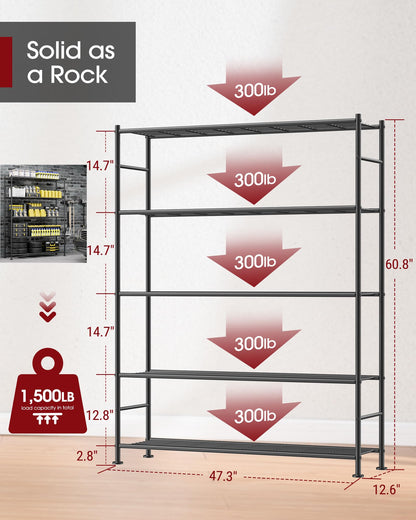 Storage Shelves - 5 Tier Shelf Organizer, Heavy Duty Garage Shelving Unit with Leveling Feet, Stable Metal Shelves Organizer for Pantry, Kitchen and Closet, 33.0" W x 12.6" D x 72.0" H, Black