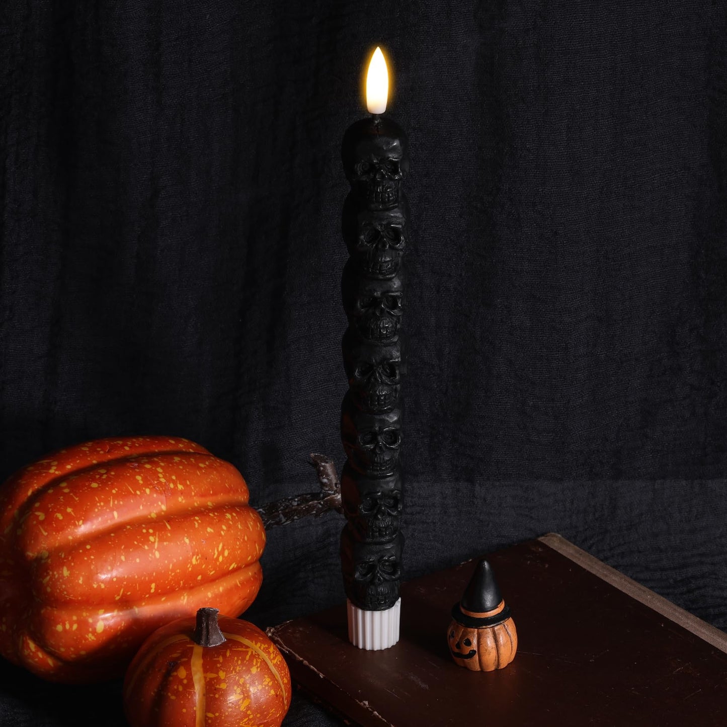 Eywamage Halloween Flameless Taper Candles with Remote, Spooky Black Skull LED Candlesticks Battery Operated Flickering Real Wax Set of 4