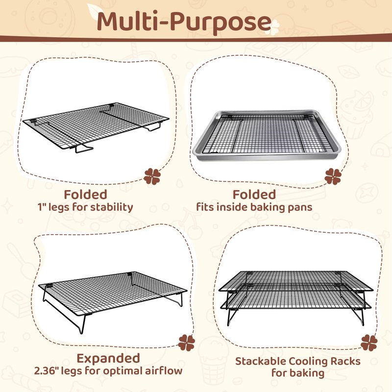 Vehookin 2 Tier Stackable Cooling Rack for Cooking and Baking, Wire Rack for Baking Sheet w/100 Parchment Papers, 16.7" x 11" Cookie Cooling Rack for Pizza, Bread,Cake,Veggie,Jerky, Drying Baking Rack