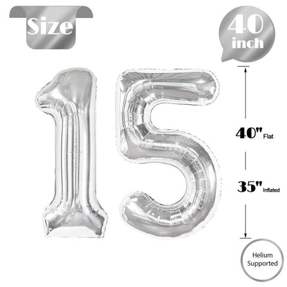 Silver Number 15 Balloon 40 Inch, 15th Birthday Party Decorations for Children, Giant 15 Foil Balloon for Party Supplies
