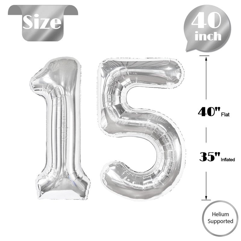 Silver Number 15 Balloon 40 inch, 15 Number Balloons, 15th Silver Birthday Decorations for Girls Boys Kids, 15 Year Old Silver Party Supplies