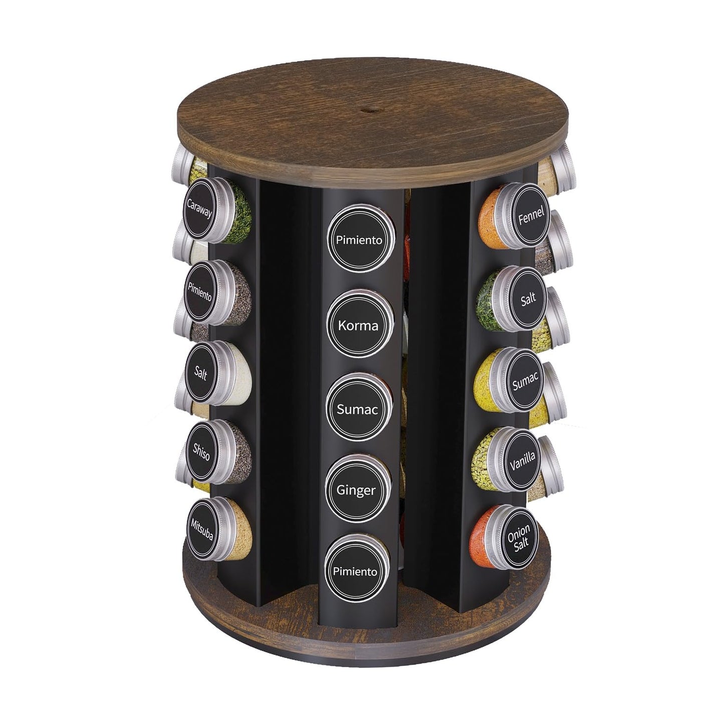 Revolving Spice Rack Set with 20 Spice Jars, Kitchen Spice Tower Organizer for Countertop or Cabinet -- Carousel Storage Includes 386 Spice Labels -- Desktop Rotating Seasoning Organizer