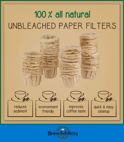 Brew Addicts 300 Paper Coffee Single-Use Filters, Brown, All-Natural & Unbleached for Keurig Brewers and Compatible with K-Cup Pods 1.0 & 2.0 Models, Disposable filters