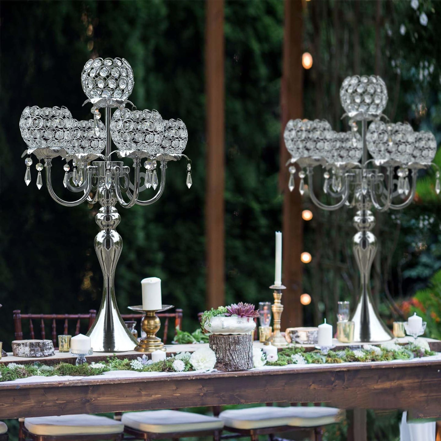 5 Arm Crystal Strap Pendant Silver Table Decor Candelabra Set of 2, 22.5 inches Elegant Dining Room Centerpieces for Holiday Parties Weddings