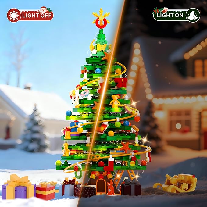 Christmas Tree Building Block Set with Light Kit Building Toy Compatible with Christmas Sets Xmas Tree Holiday Decoration for Kids Ages 8-14 Stocking Stuffer Gift for Boy Girl Adults (661PCS)