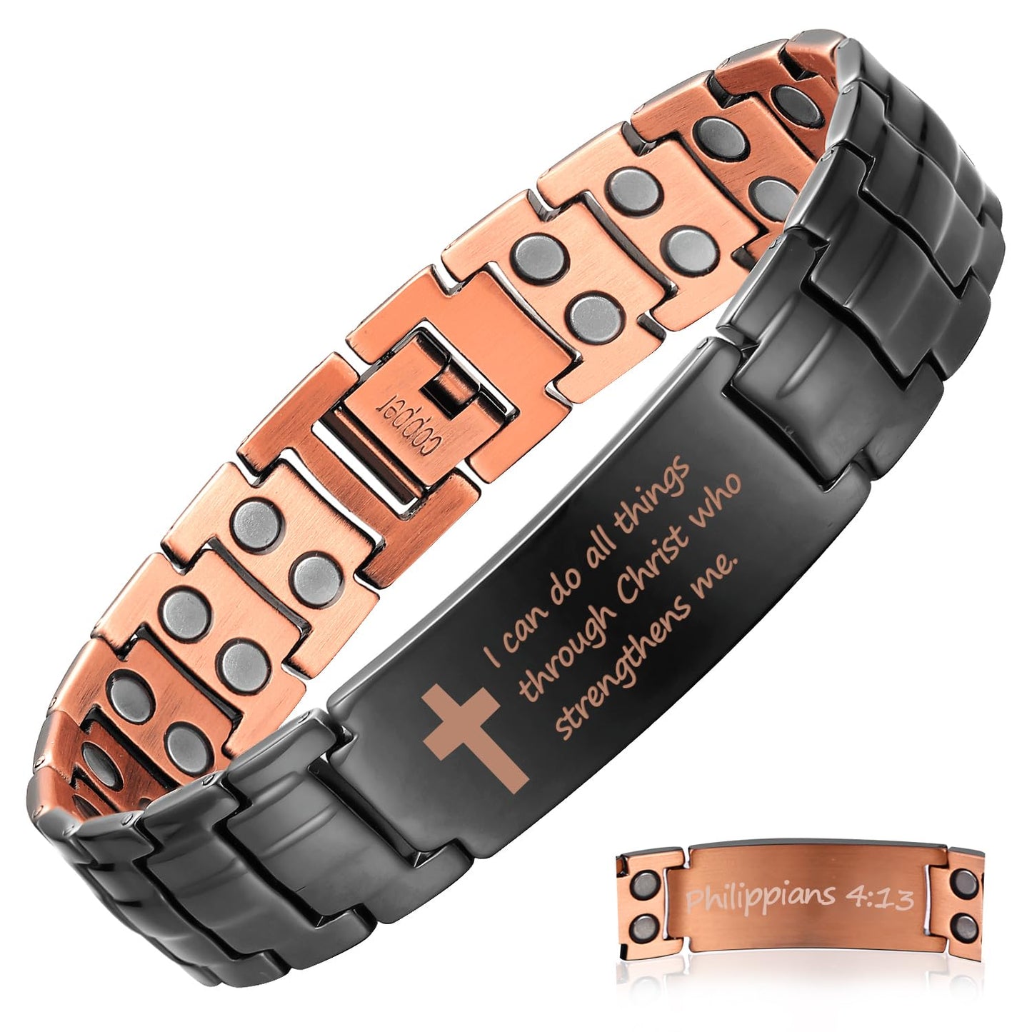 MagEnergy Copper Bracelet For Men, Christian Copper Bracelet For Men, Magnetic Bracelet With Ultra Strength Magnets, Adjustable Biblical Cross Bracelet, Jewelry Gift(Sizing Tool)