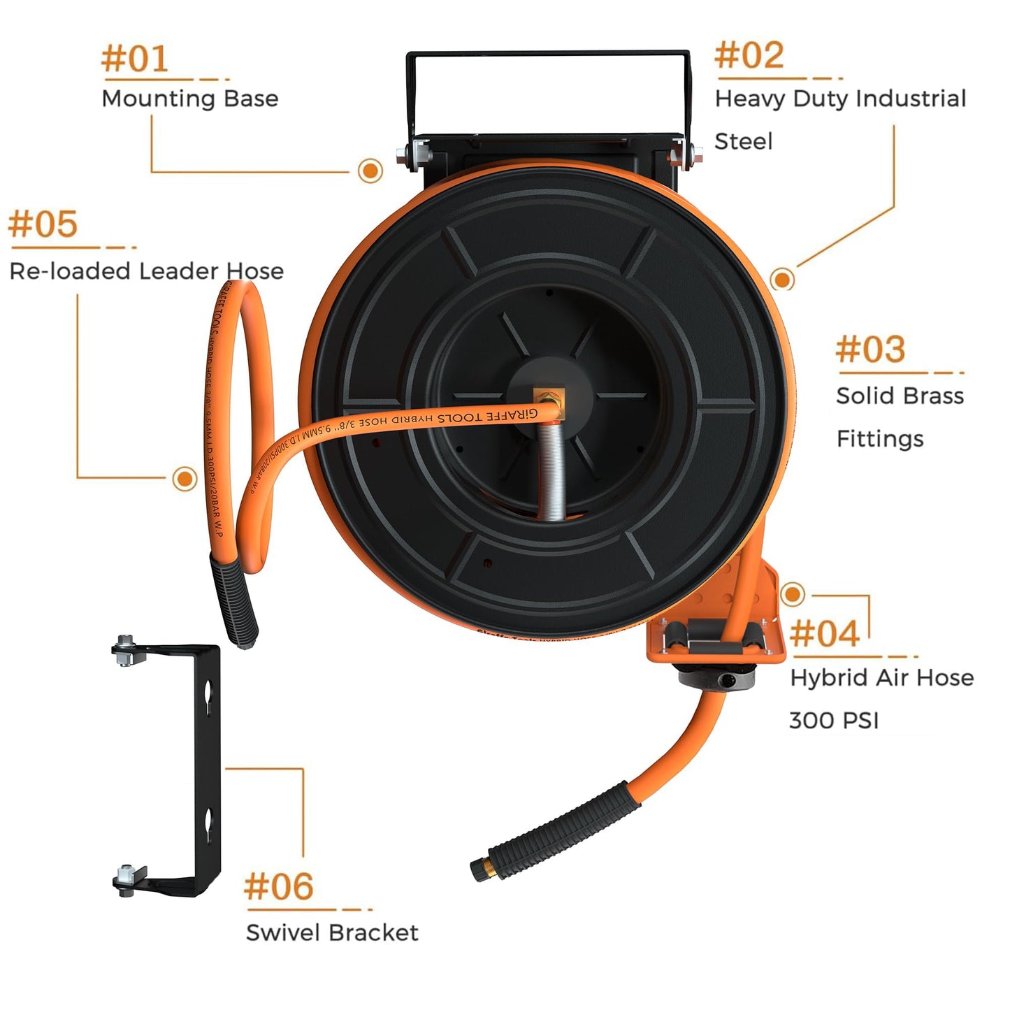 Giraffe Tools TA15BPLUS Retractable Air Hose Reel with Swivel Bracket 3/8" x 50 ft Hybrid Hose, Ceiling/Wall Mounted Heavy Duty Industrial Air Compressor Hose Reel, 300PSI, 50ft