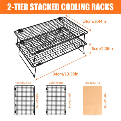 ZHIWUJIA 2-Tier Stackable Cooling Rack with Legs, 13"x 9" Nonstick Collapsible Wire Rack with 50 Pcs Parchment Paper for Baking Cookies, Cakes, Bread, Pizza