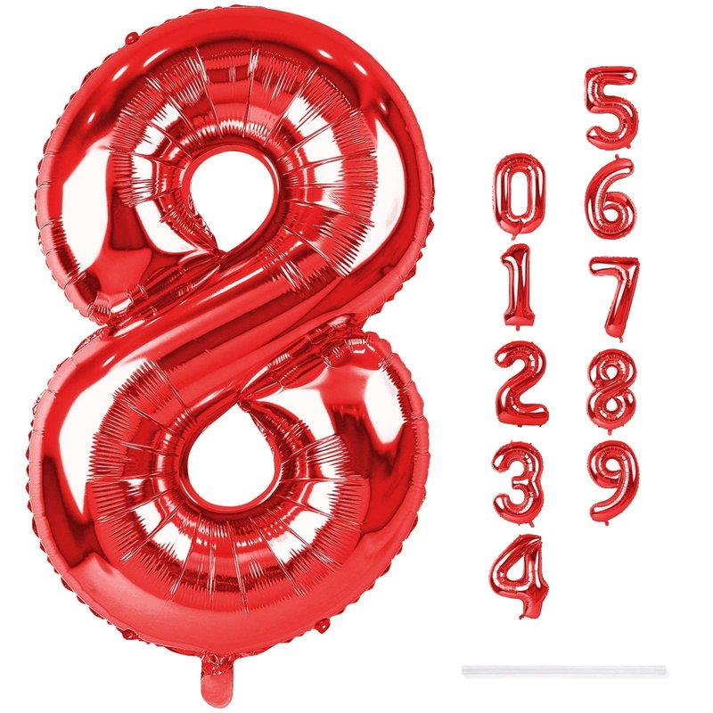 Red Foil Balloon Number 8 for Boys, 40'' Giant Self Inflating Number Balloons Set 0-9, Large Number 8 Helium Balloon for Girls Women 8th Birthday Graduation Anniversary Party Decorations Supplies