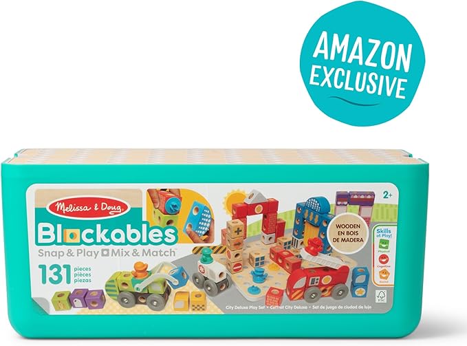 Melissa &amp Doug Blockables™ Deluxe City Snap and Play Mix and Match Connectable Wooden Building Blocks Set with Storage Bin and Play Lid (122 Pcs) Ages 2 to 7- FSC Certified