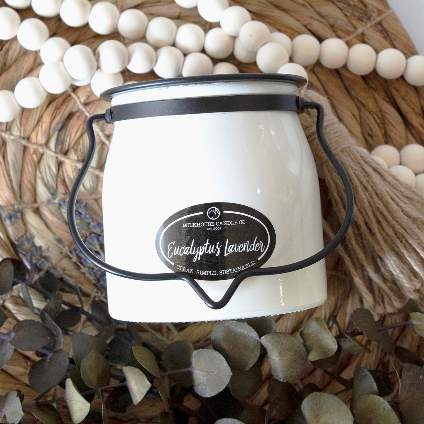 Milkhouse Candle Company Eucalyptus Lavender Soy Candle - Lavender | Eucalyptus | Soft Spice Scented - 16 oz Butter Jar with Lid, 65+ Hour Burn Time, Made in the USA