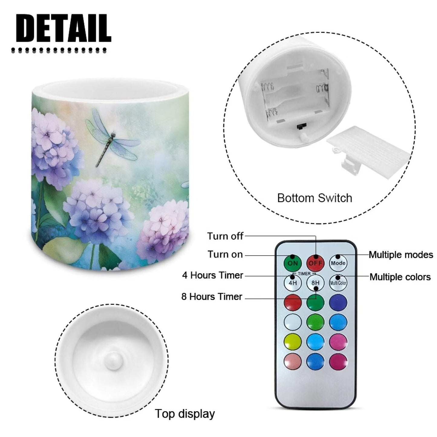 Cozeyat Hydrangea Dragonfly Elegant Flameless Candles 4 Pack Waterproof Battery Operated LED Pillar Candles with Remote Control Timer for Home Patio Garden Decoration