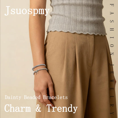 Jsuospmy Silver Beaded Bracelets for Women 14K Silver Bow Bracelet Handmade Stackable Bracelets for Women Trendy Non Tarnish Bracelet Jewelry Gift for Womens 2Pcs (07.Bow+Beaded (Silver))