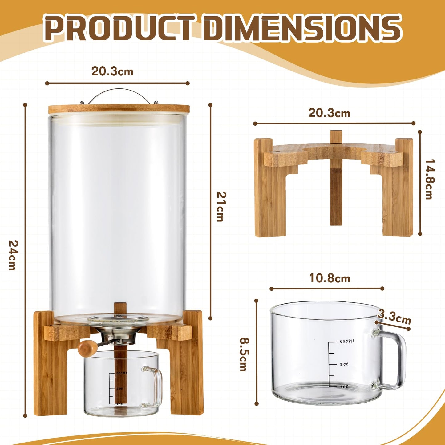 Tioncy 8L Flour and Cereal Glass Container Rice Oatmeal Dispenser Storage Container Cereal Food Storge Container with Airtight Lid Wooden Stand and Measuring Cup for Kitchen Organization Pantry Store