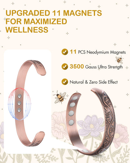 Feraco Copper Bracelet for Women, 11X Ultra Strength Magnetic Bracelets, 99.99% Pure Copper Cuff Bangle with 3500 Gauss Neodymium Magnets, Adjustable, Vintage Flower Collection (Set of 2)