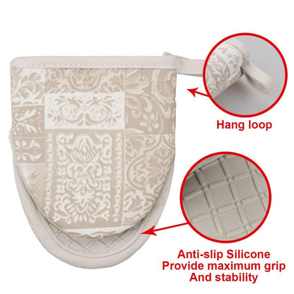 Alselo Mini Silicone Oven Mitts, Heat and Slip Resistant Kitchen Mittens 2-Pack Set, Khaki Patchwork Flower Soft Short Oven Gloves, Flexible Thick Pot Holders for Safe Cooking Baking & Grill (Khaki)