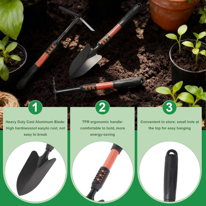 Zenrok Garden Tool Set, 4 Pack Gardening Tools, Stainless Steel Heavy Duty Hand Cultivator, Hoes, Shovel, for Planting Weeding Digging, Gardening Gifts for Women,Orange