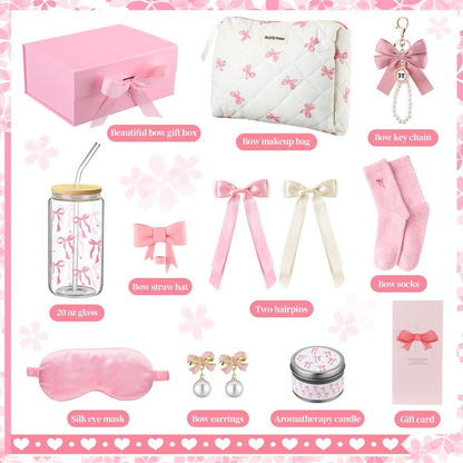 Skylety Pink Bow Gift Baskets for Teen Girls, Women Mothers Day Gifts Trendy Stuff Coquette Bow Teen Girl Birthday Self Care Box Gift for Her, Sister Friend Women Sweet 16th 18th 21st Box