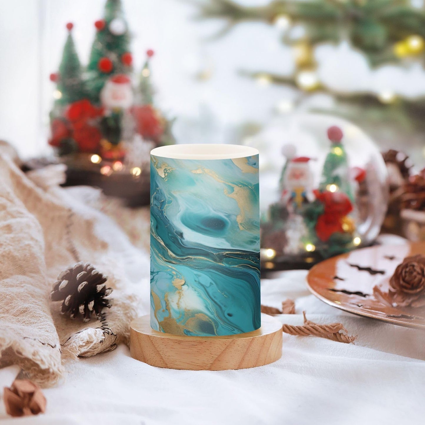 BOENLE Flickering Flameless Candles, Turquoise Blue Marble Texture LED Candles with Remote Timer, Set of 2 Battery Operated Candle for Valentine Wedding Birthday