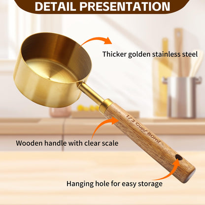 Gold Measuring Cups and Spoons Set,8 Piece Premium Stainless Steel Measuring Cups with Wood Handles,4 Stackable Wooden Measuring Cups and 4 Measuring Spoons Set for Baking Supplies in the Kitchen