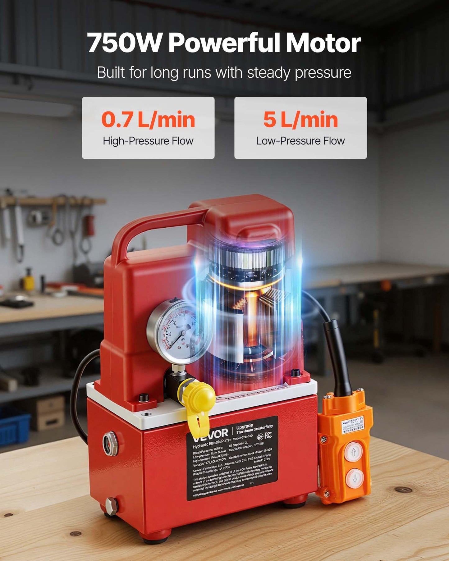 VEVOR Electric Hydraulic Pump, 750W 10,000 PSI, 120V Single Acting Electric Driven Hydraulic Pump Power Pack Unit, with Solenoid Valve, 0.53 Gallon / 2L, for Punching, Bending, Single Acting Cylinders