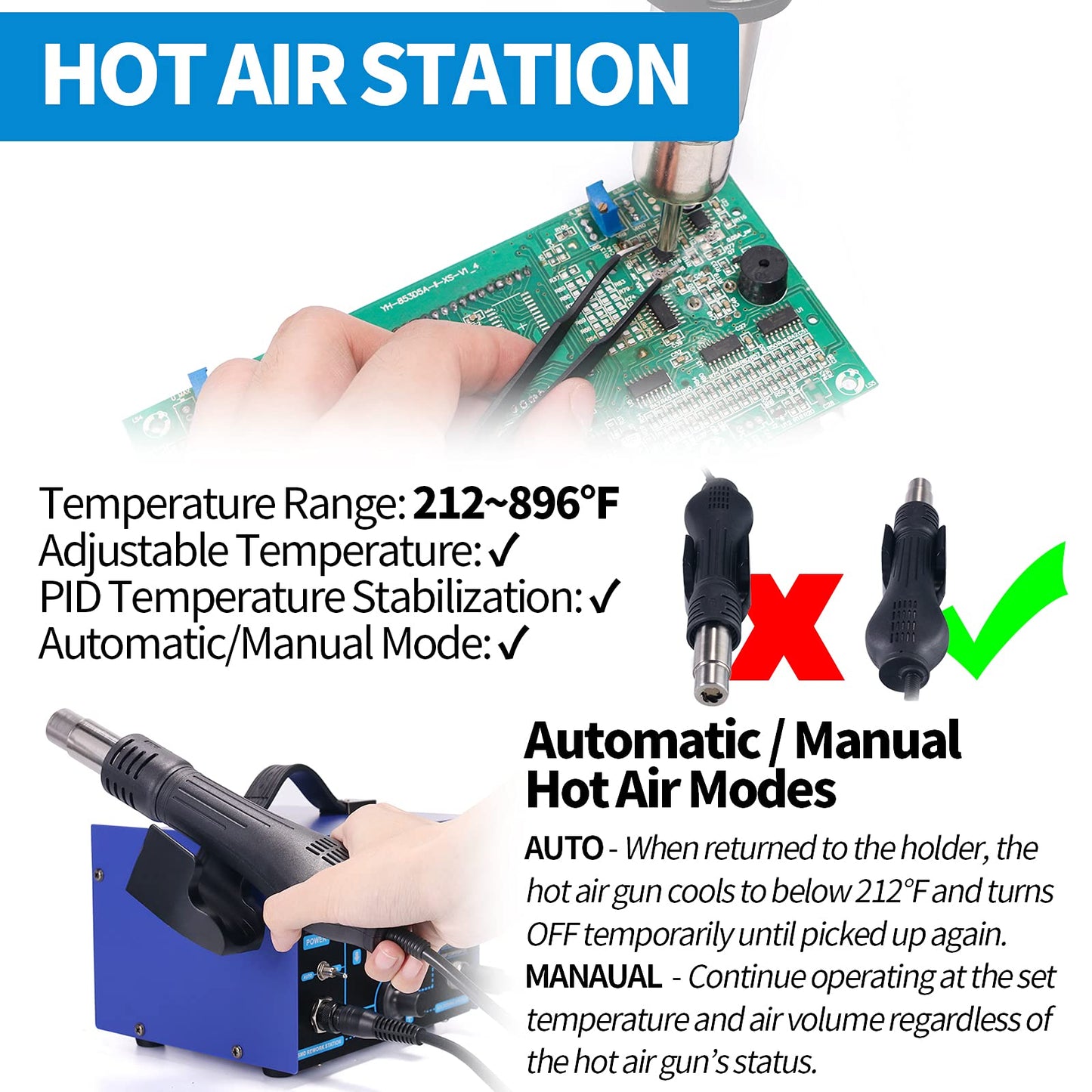 YIHUA 862BD+ SMD ESD Safe 2 in 1 Soldering Iron Hot Air Rework Station °F /°C with Multiple Functions