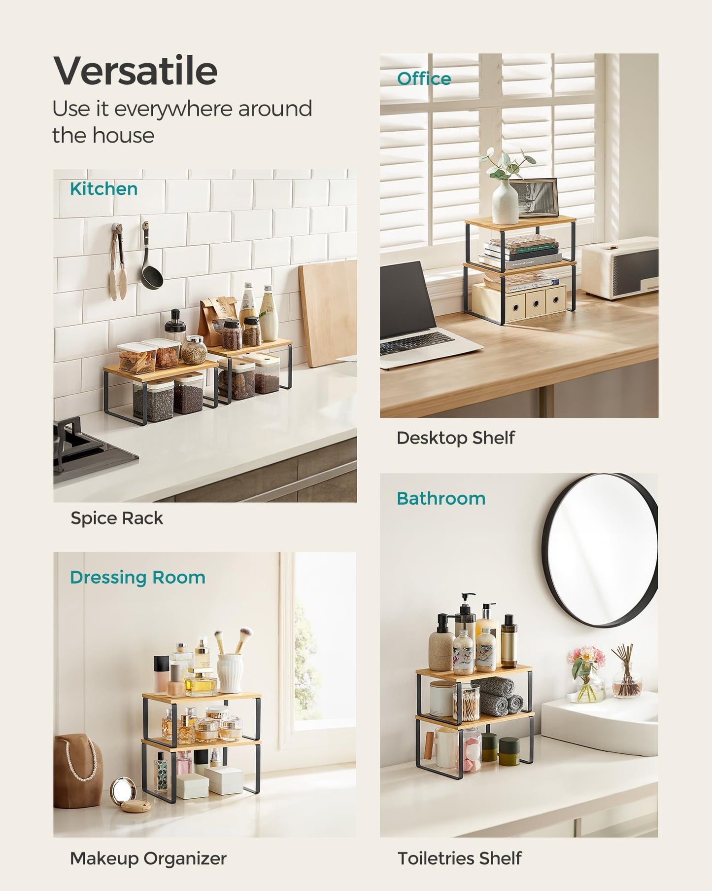 SONGMICS Cabinet Organizer Shelf, Set of 4 Kitchen Counter Shelves, Kitchen Storage, Spice Rack, Stackable, Expandable, Metal and Engineered Wood, Cloud White and Natural Beige UKCS010N01