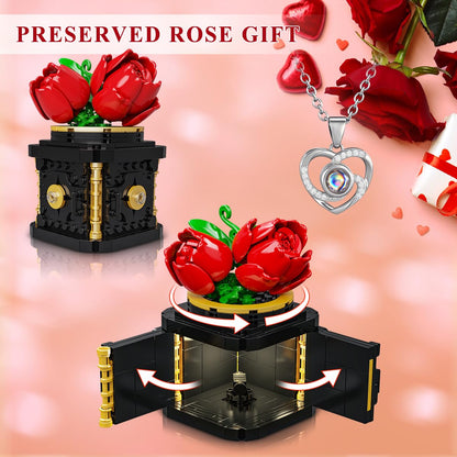 HOGOKIDS Flowers Box Building Set with LED & Necklace, for Mom/Wife, 312PCS Preserved Rose with Heart Necklace for Adults Women on Birthday Anniversary, I Love You in 100 Languages